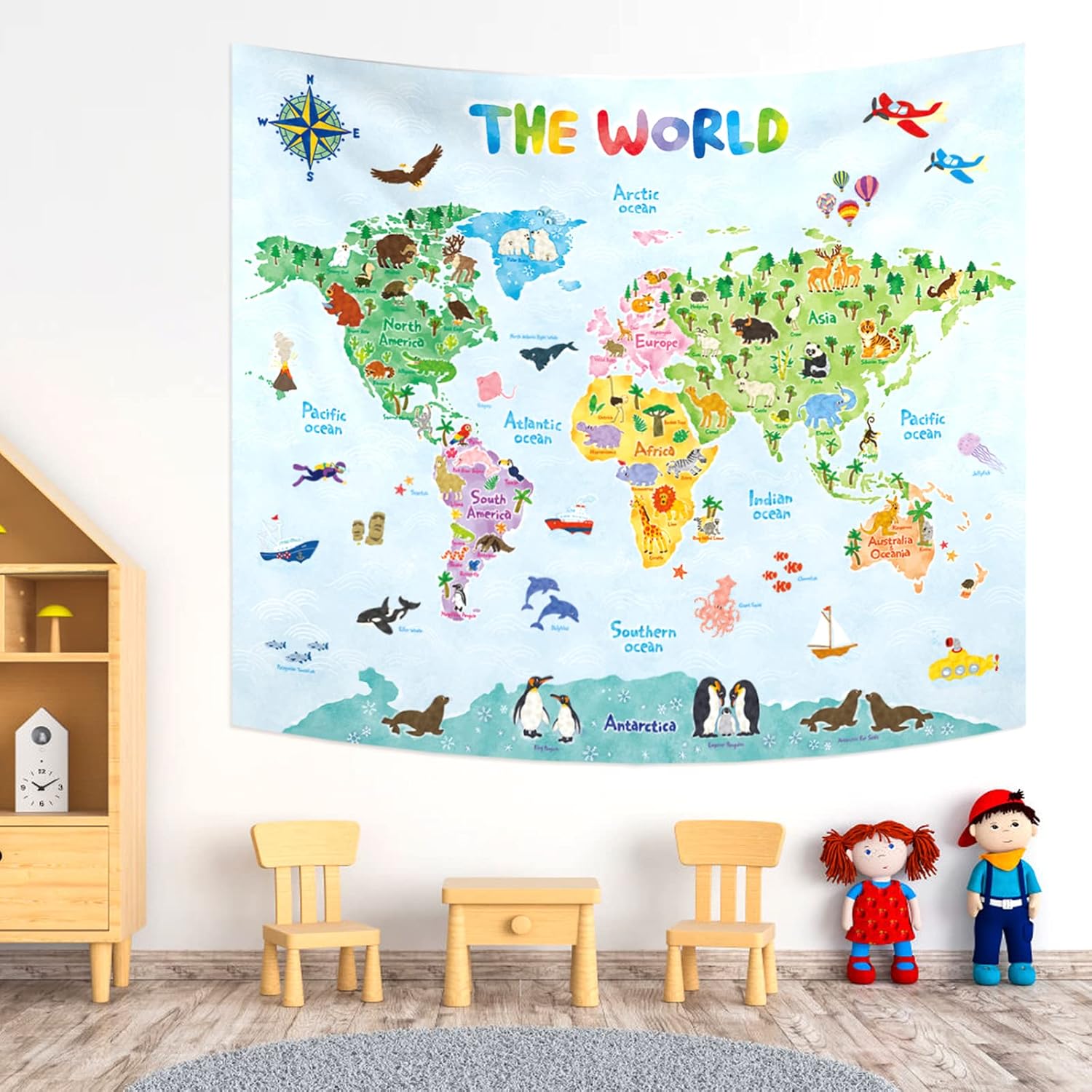 Kids World Map Wall Tapestry E - Kids Education Room 评论和价格
